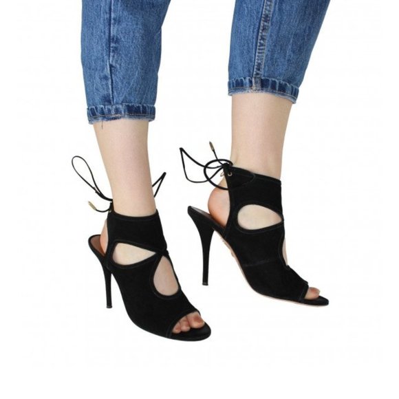 Aquazzura Sexy Thing 105 Cutout Peep Toe Sandals Sz 36 Black Suede Back Ties - Picture 2 of 13